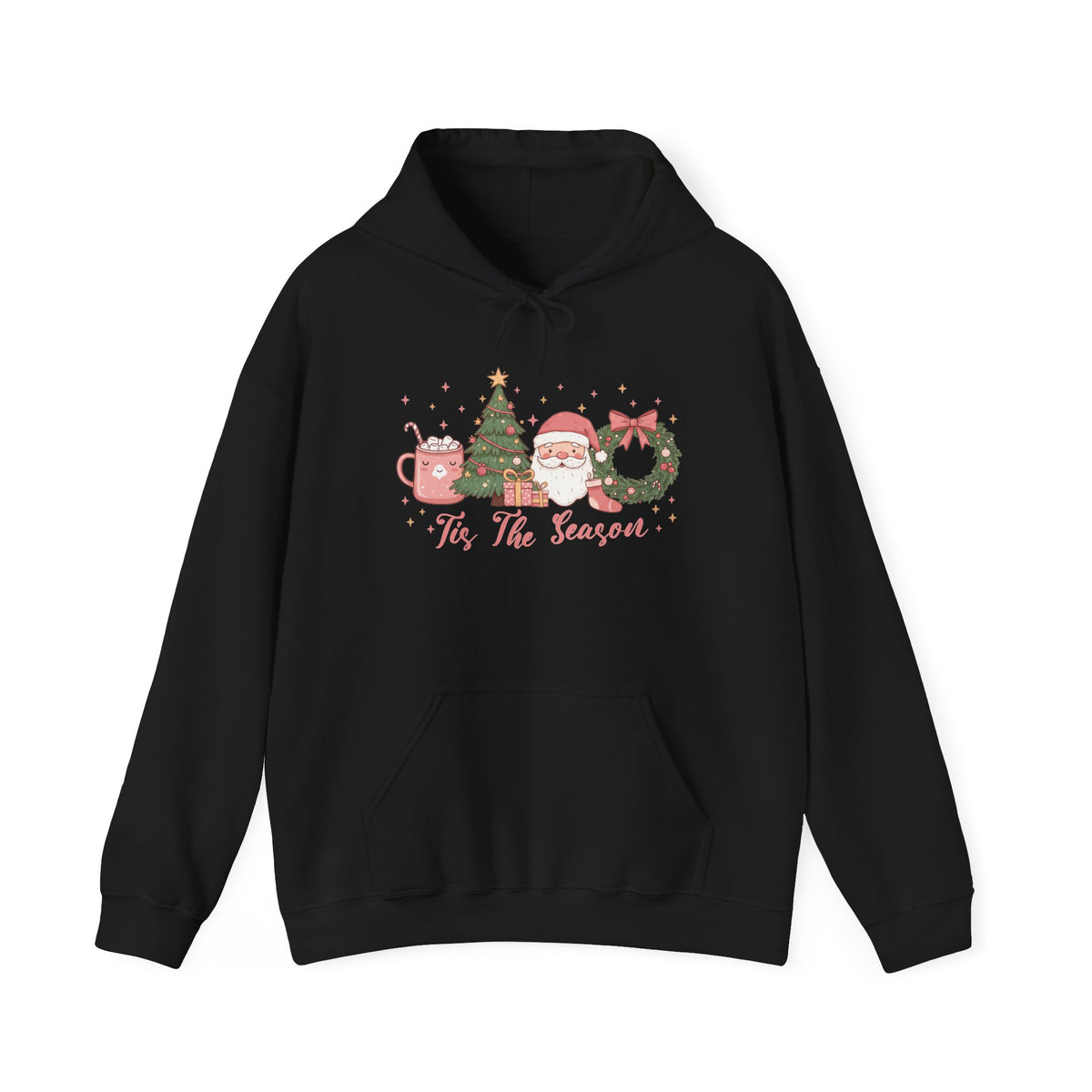 Black Tis The Season Cute Christmas hoodie with a pink hot cocoa mug, Christmas tree, Santa and wreath, front view