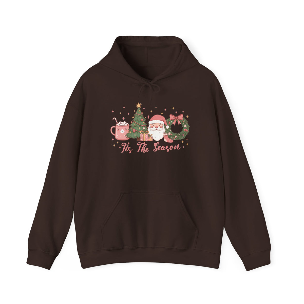 Dark Chocolate Tis The Season Cute Christmas hoodie with a pink hot cocoa mug, Christmas tree, Santa and wreath, front view
