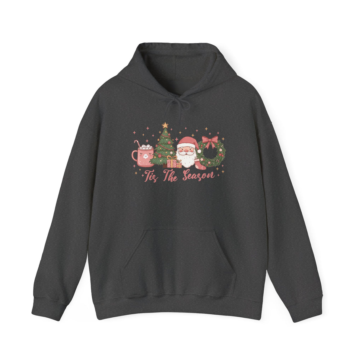 Dark Heather Tis The Season Cute Christmas hoodie with a pink hot cocoa mug, Christmas tree, Santa and wreath, front view
