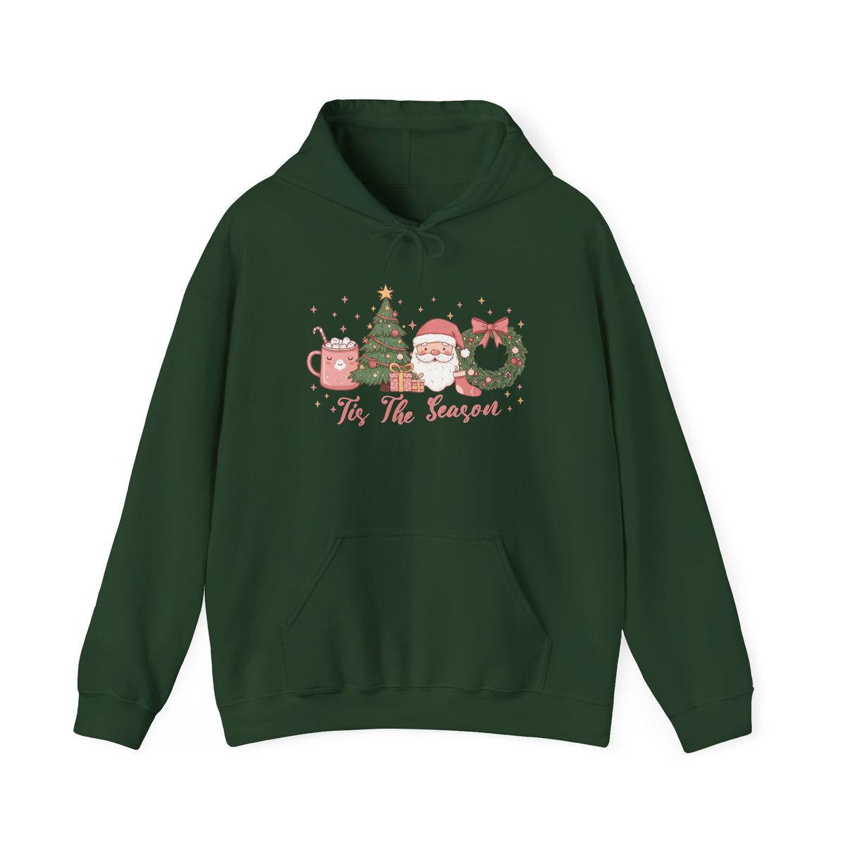 Forest Green Tis The Season Cute Christmas hoodie with a pink hot cocoa mug, Christmas tree, Santa and wreath, front view