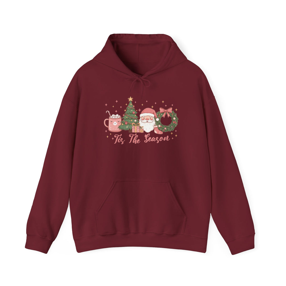 Garnet Tis The Season Cute Christmas hoodie with a pink hot cocoa mug, Christmas tree, Santa and wreath, front view