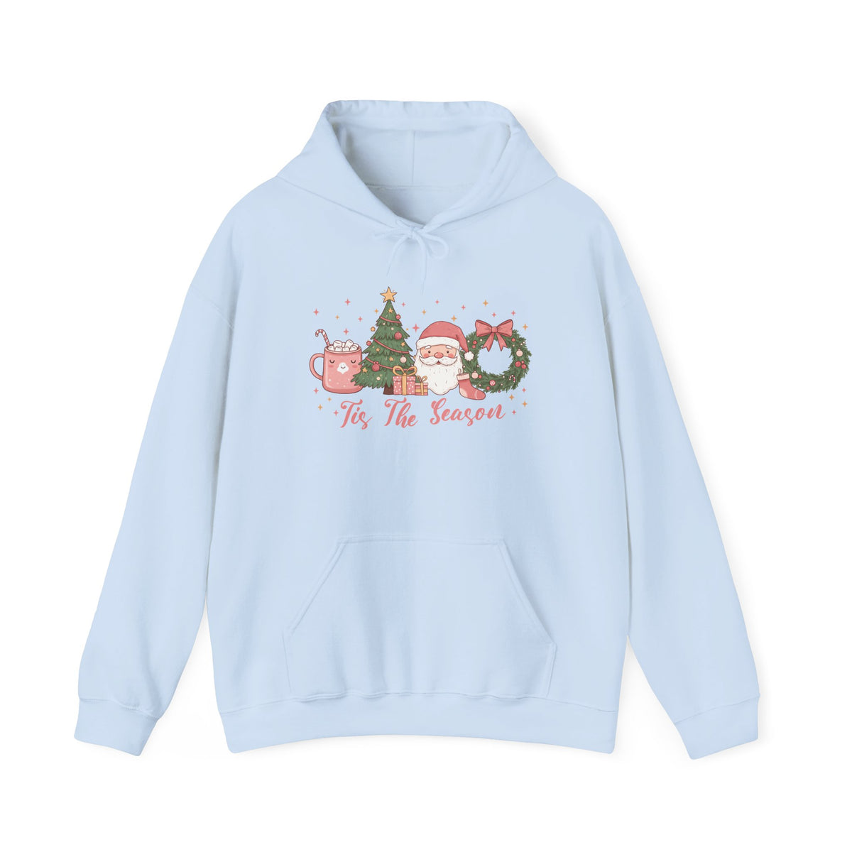 Light Blue Tis The Season Cute Christmas hoodie with a pink hot cocoa mug, Christmas tree, Santa and wreath, front view