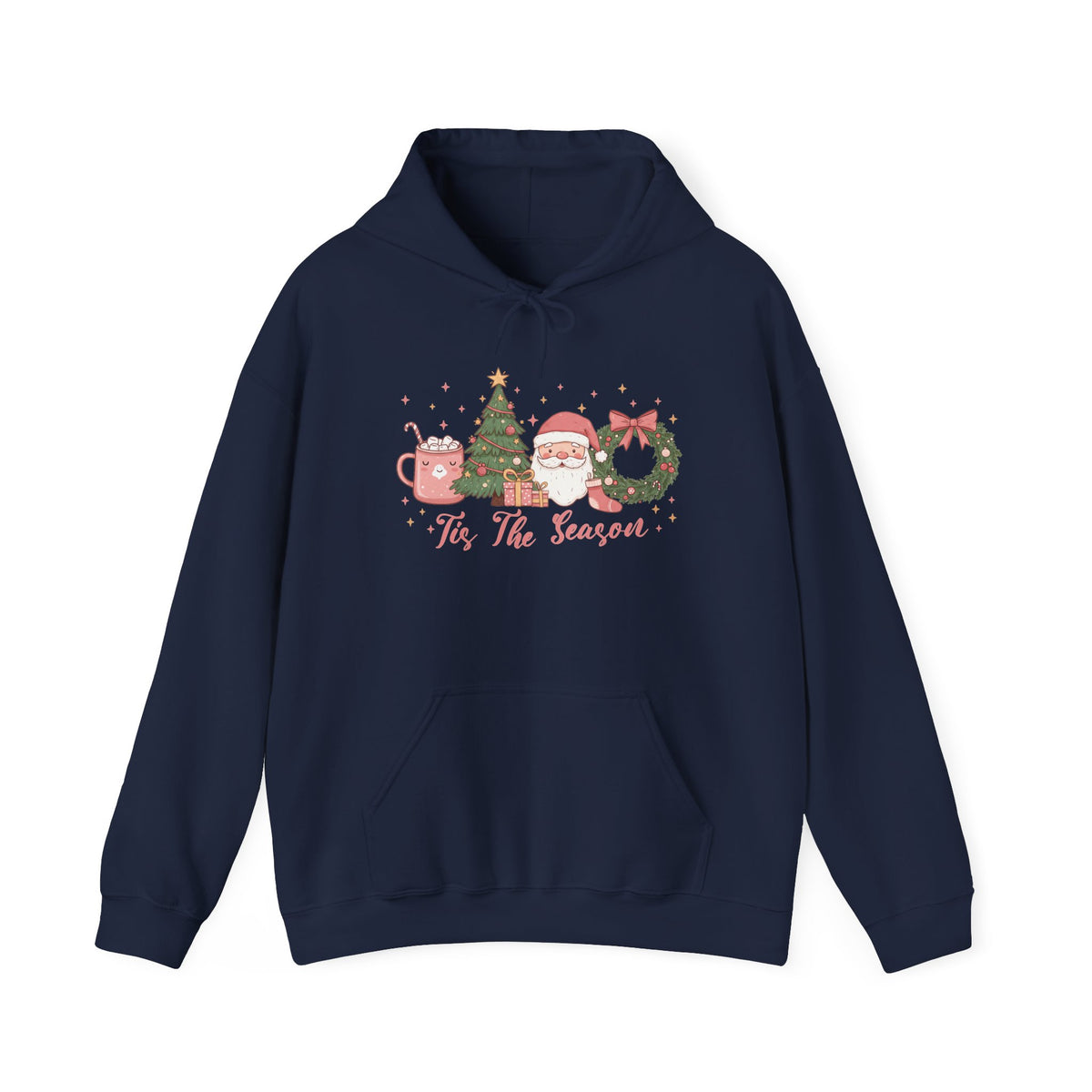 Navy Tis The Season Cute Christmas hoodie with a pink hot cocoa mug, Christmas tree, Santa and wreath, front view