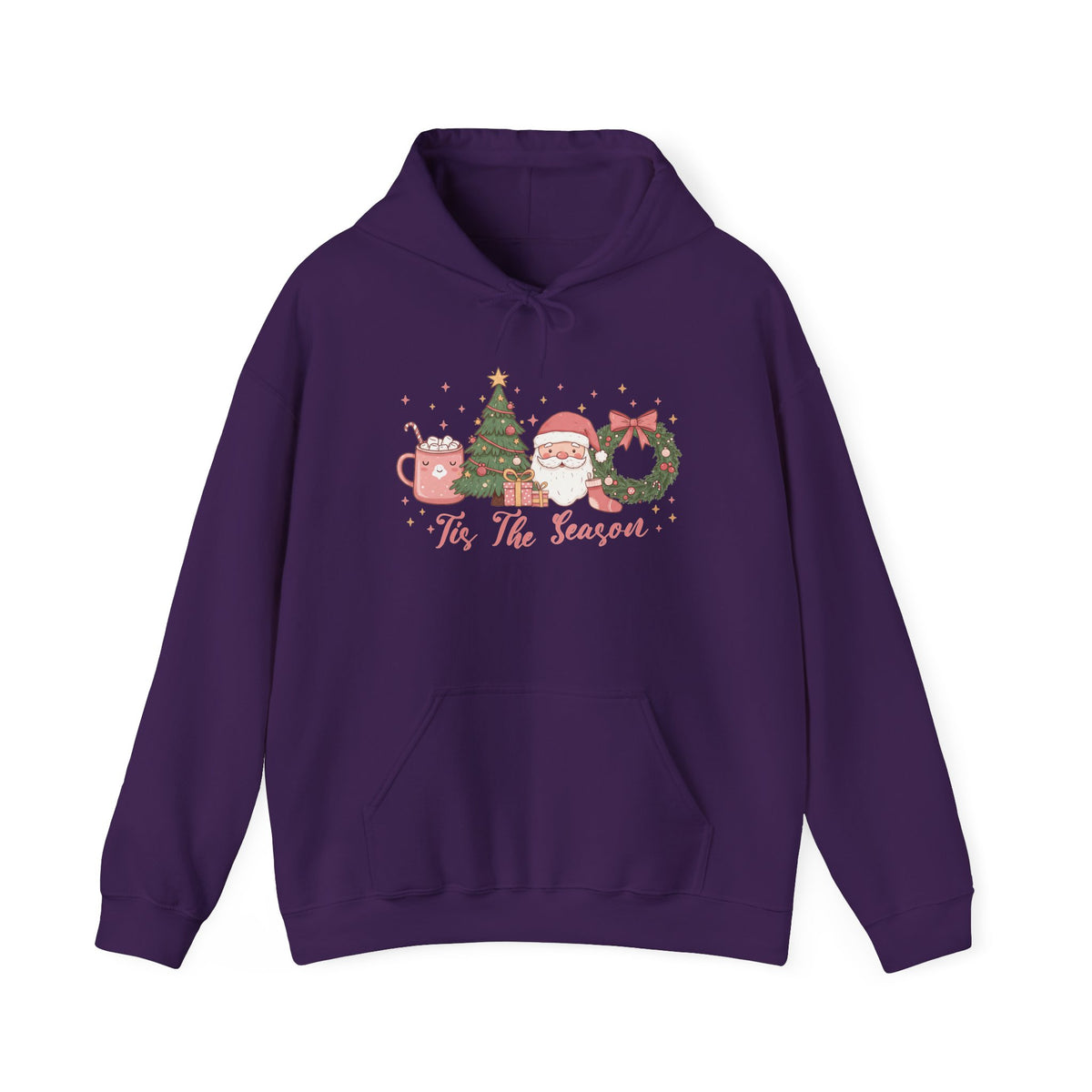 Purple Tis The Season Cute Christmas hoodie with a pink hot cocoa mug, Christmas tree, Santa and wreath, front view