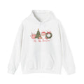 White Tis The Season Cute Christmas hoodie with a pink hot cocoa mug, Christmas tree, Santa and wreath, front view