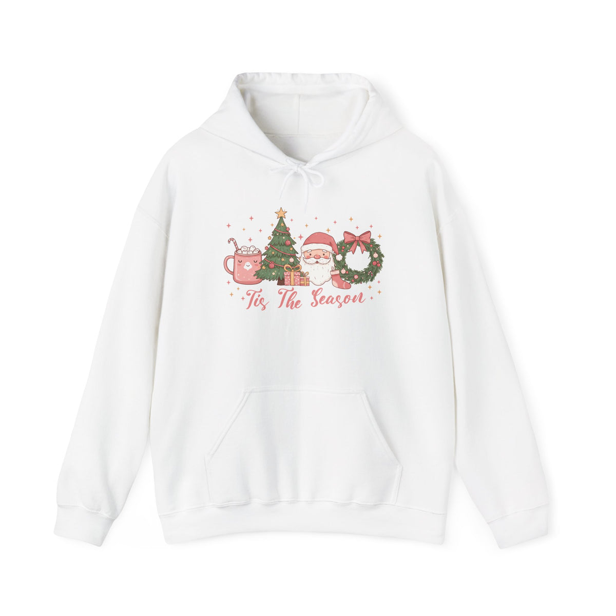 White Tis The Season Cute Christmas hoodie with a pink hot cocoa mug, Christmas tree, Santa and wreath, front view