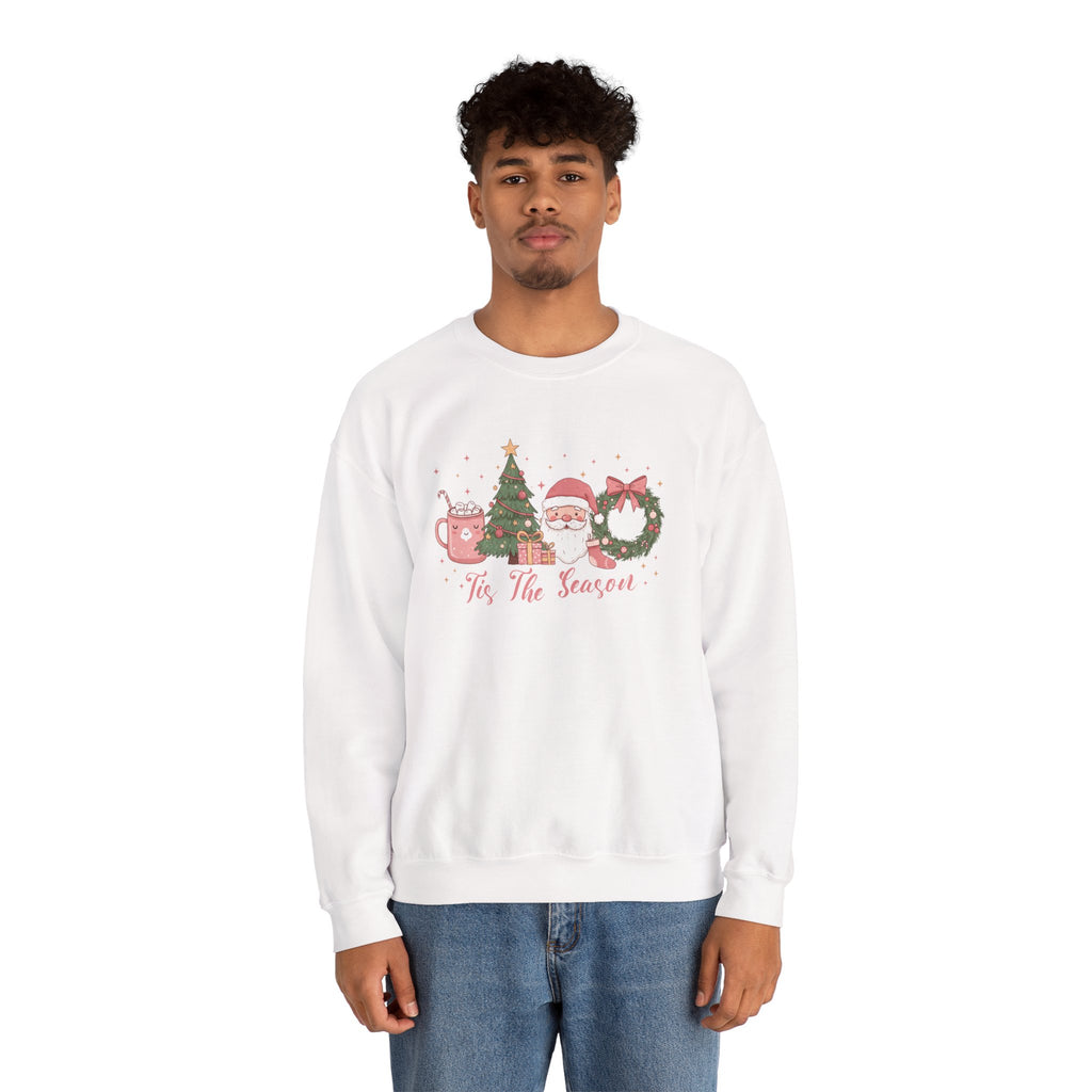 Model wearing the white Tis The Season Cute Christmas Sweatshirt