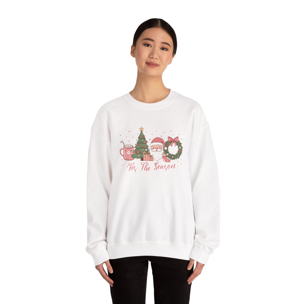 Model wearing the white Tis The Season Cute Christmas Sweatshirt