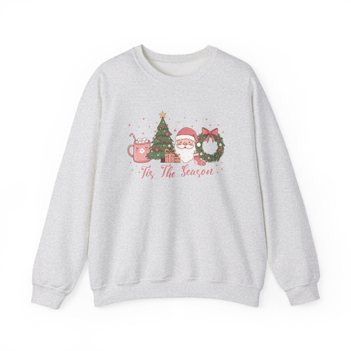 Ash Tis The Season Cute Christmas sweatshirt with a pink hot cocoa mug, Christmas tree, Santa and wreath, front view