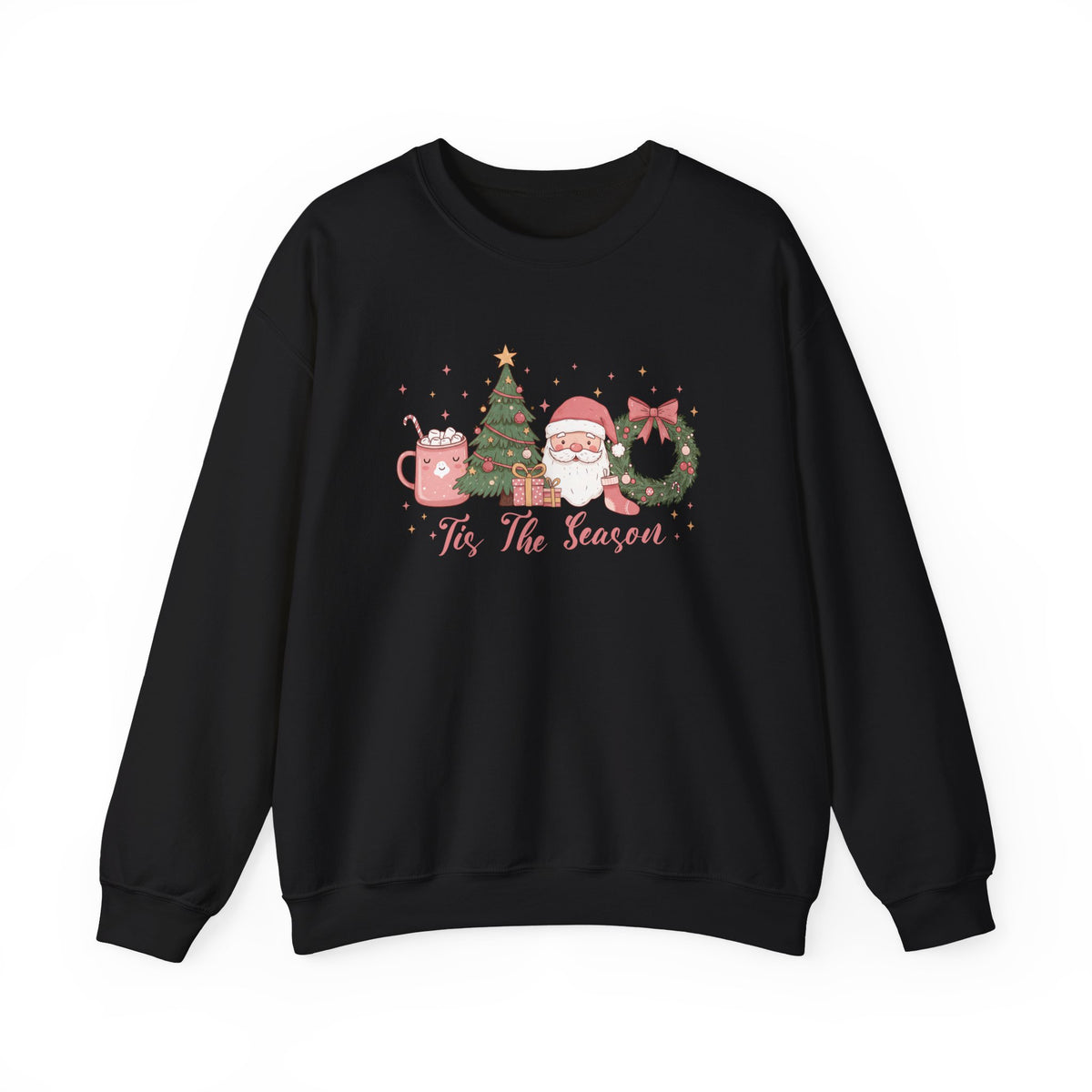 Black Tis The Season Cute Christmas sweatshirt with a pink hot cocoa mug, Christmas tree, Santa and wreath, front view