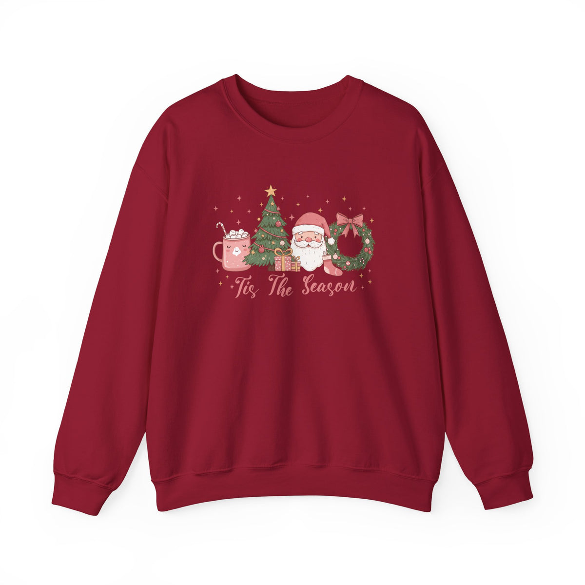 Cardinal Red Tis The Season Cute Christmas sweatshirt with a pink hot cocoa mug, Christmas tree, Santa and wreath, front view