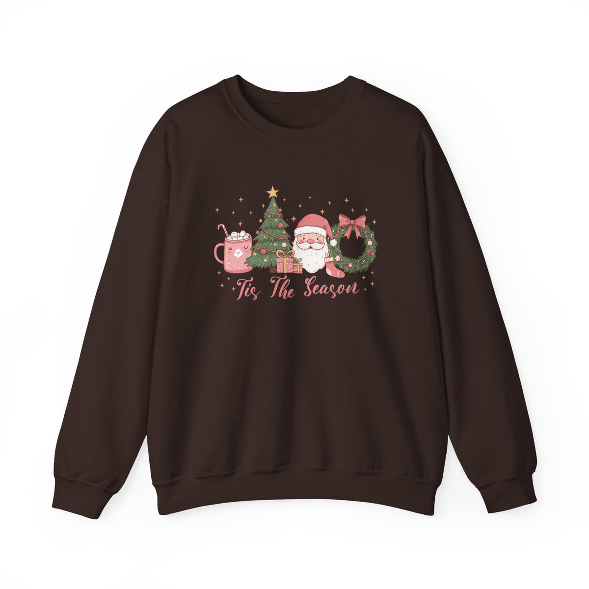 Dark Chocolate Tis The Season Cute Christmas sweatshirt with a pink hot cocoa mug, Christmas tree, Santa and wreath, front view