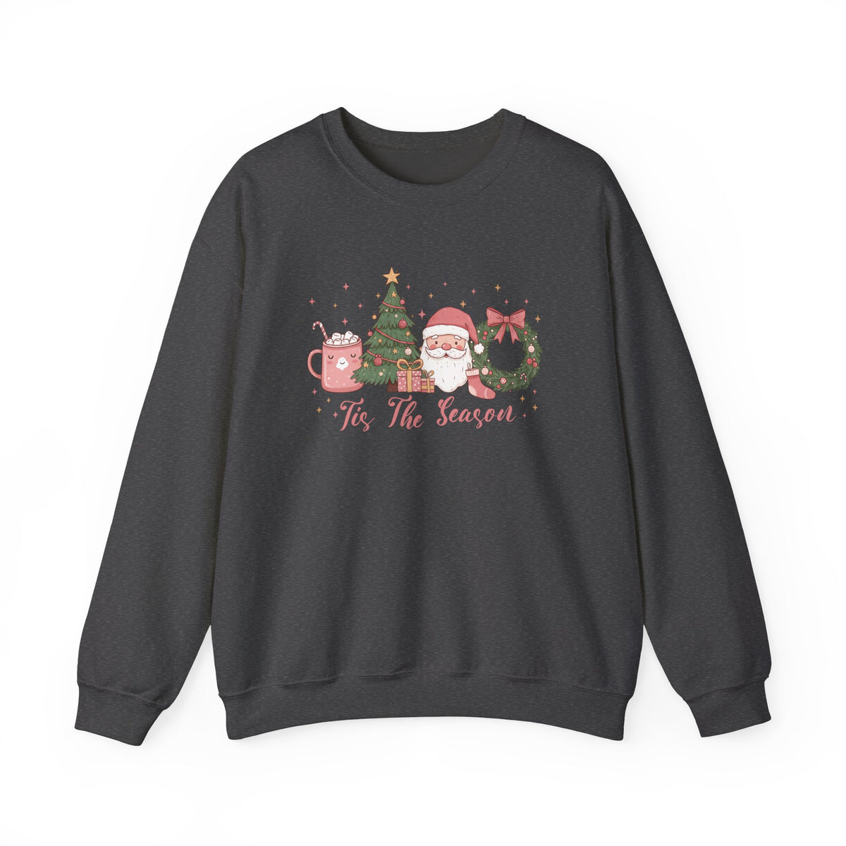 Dark Heather Tis The Season Cute Christmas sweatshirt with a pink hot cocoa mug, Christmas tree, Santa and wreath, front view