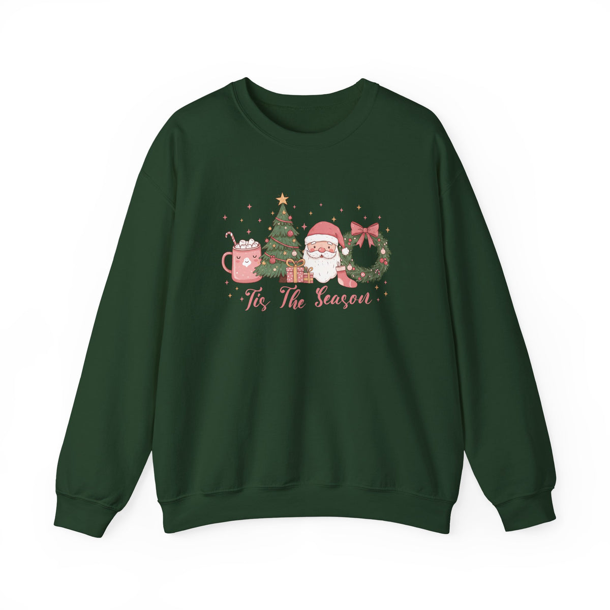 Forest Green Tis The Season Cute Christmas sweatshirt with a pink hot cocoa mug, Christmas tree, Santa and wreath, front view