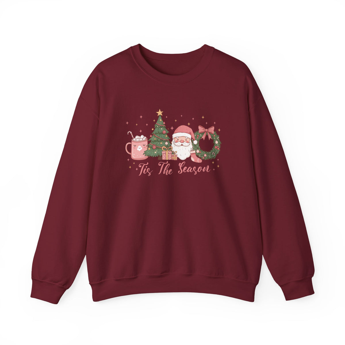 Garnet Tis The Season Cute Christmas sweatshirt with a pink hot cocoa mug, Christmas tree, Santa and wreath, front view