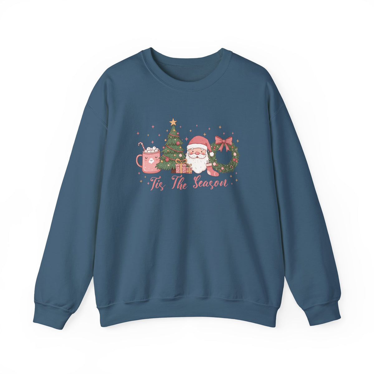 Indigo Blue Tis The Season Cute Christmas sweatshirt with a pink hot cocoa mug, Christmas tree, Santa and wreath, front view