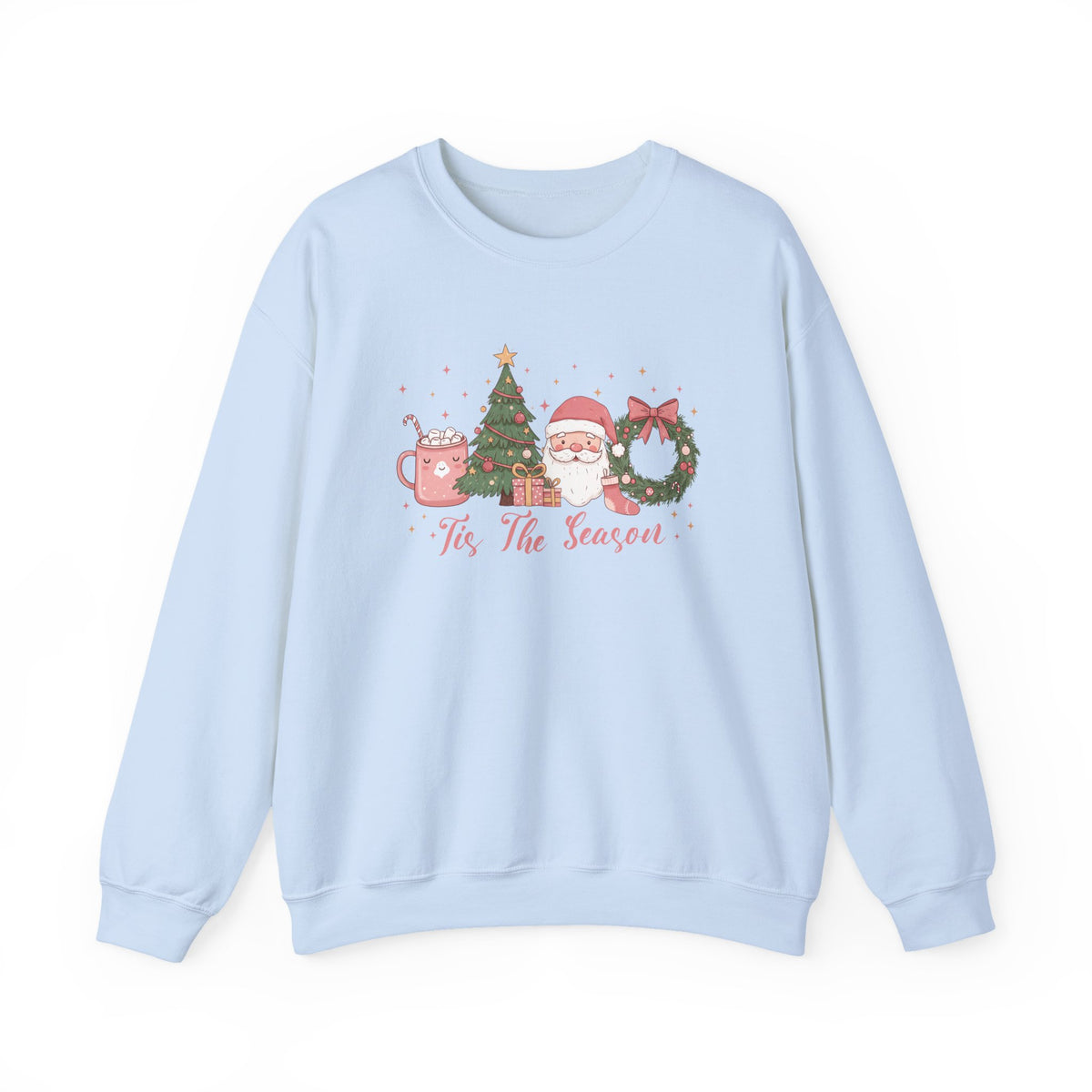 Light Blue Tis The Season Cute Christmas sweatshirt with a pink hot cocoa mug, Christmas tree, Santa and wreath, front view