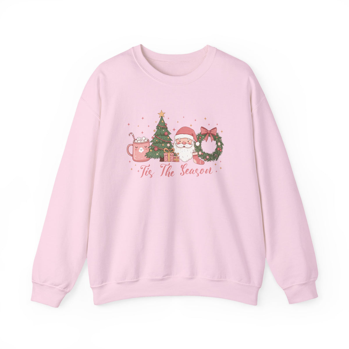 Light Pink Tis The Season Cute Christmas sweatshirt with a pink hot cocoa mug, Christmas tree, Santa and wreath, front view