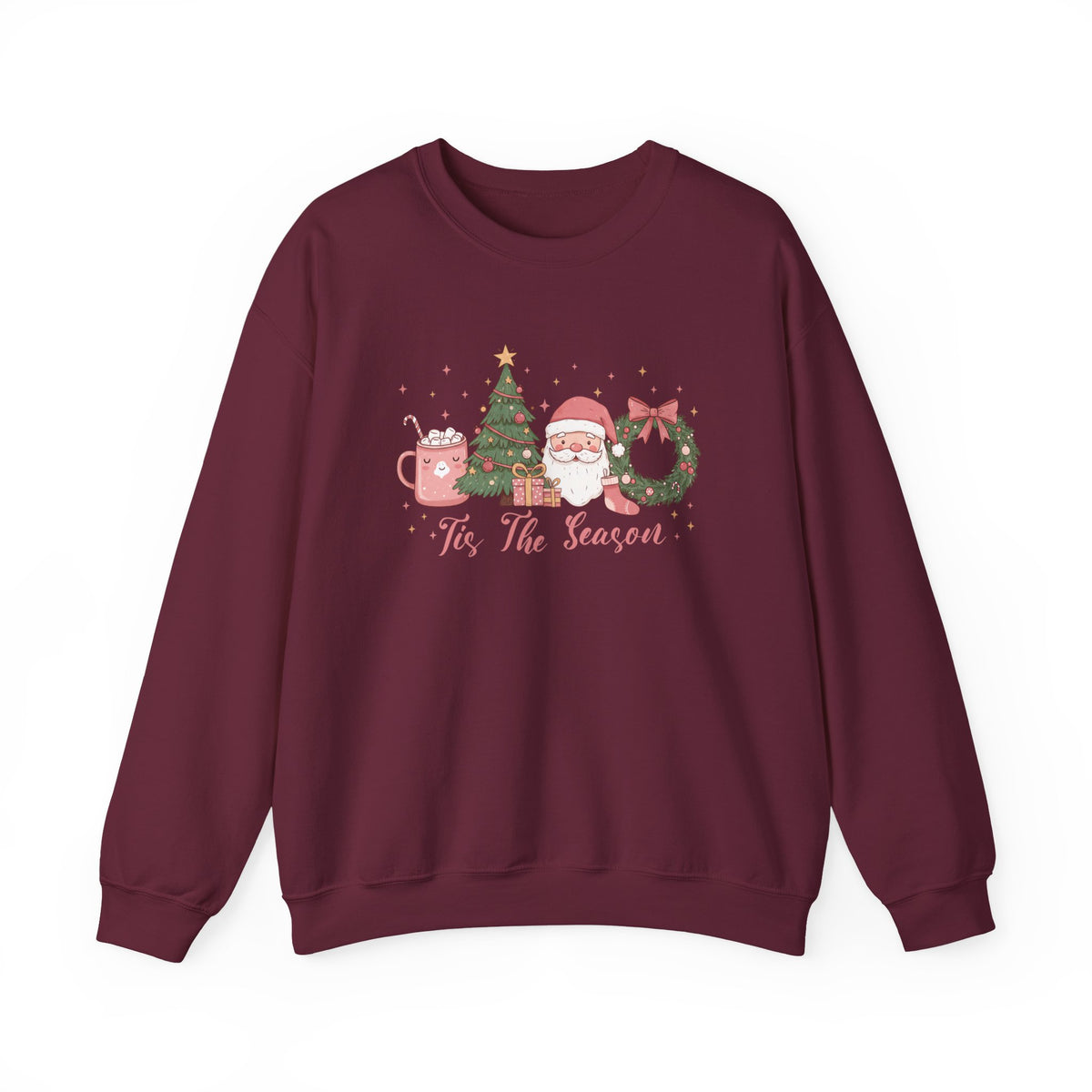 Maroon Tis The Season Cute Christmas sweatshirt with a pink hot cocoa mug, Christmas tree, Santa and wreath, front view