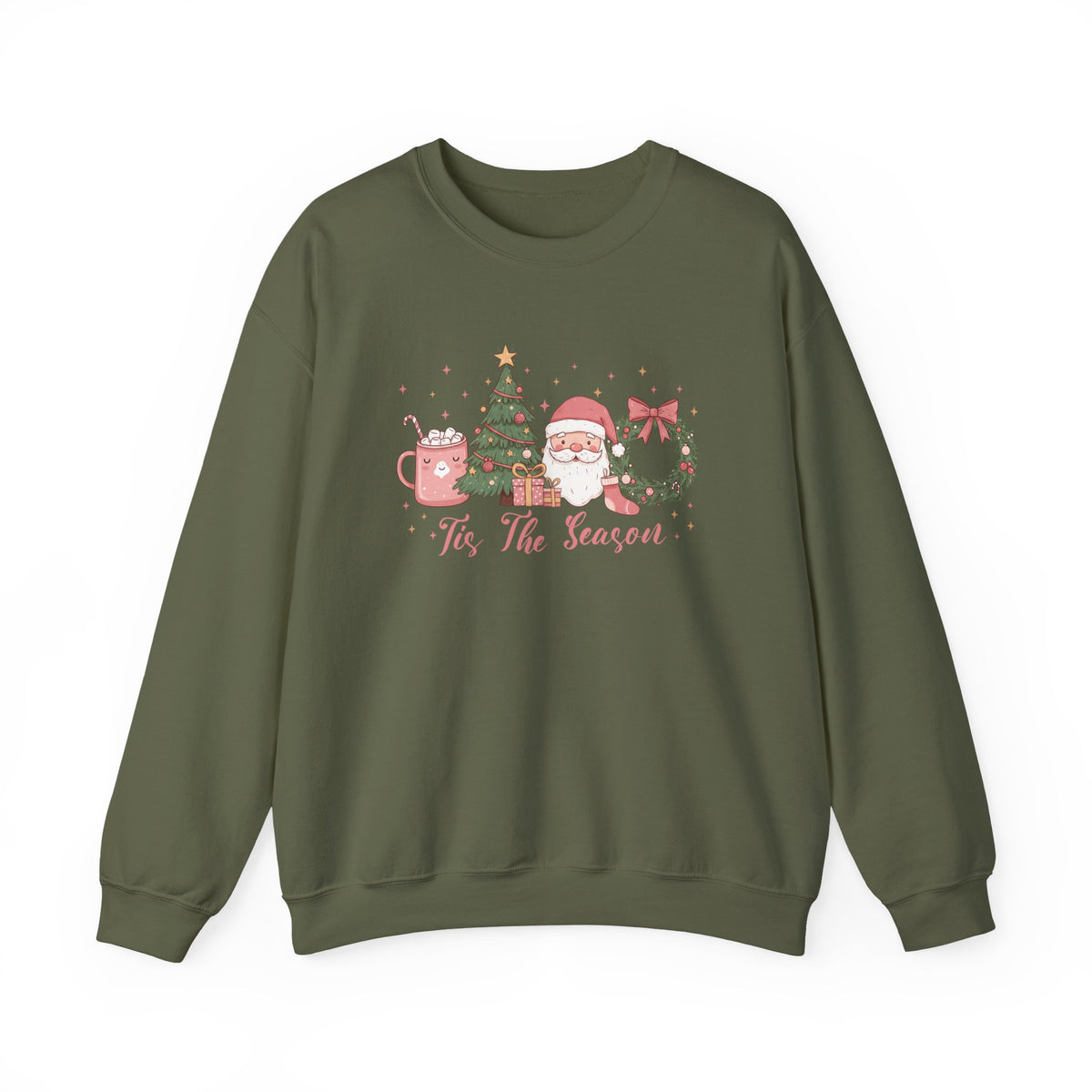 Military Green Tis The Season Cute Christmas sweatshirt with a pink hot cocoa mug, Christmas tree, Santa and wreath, front view
