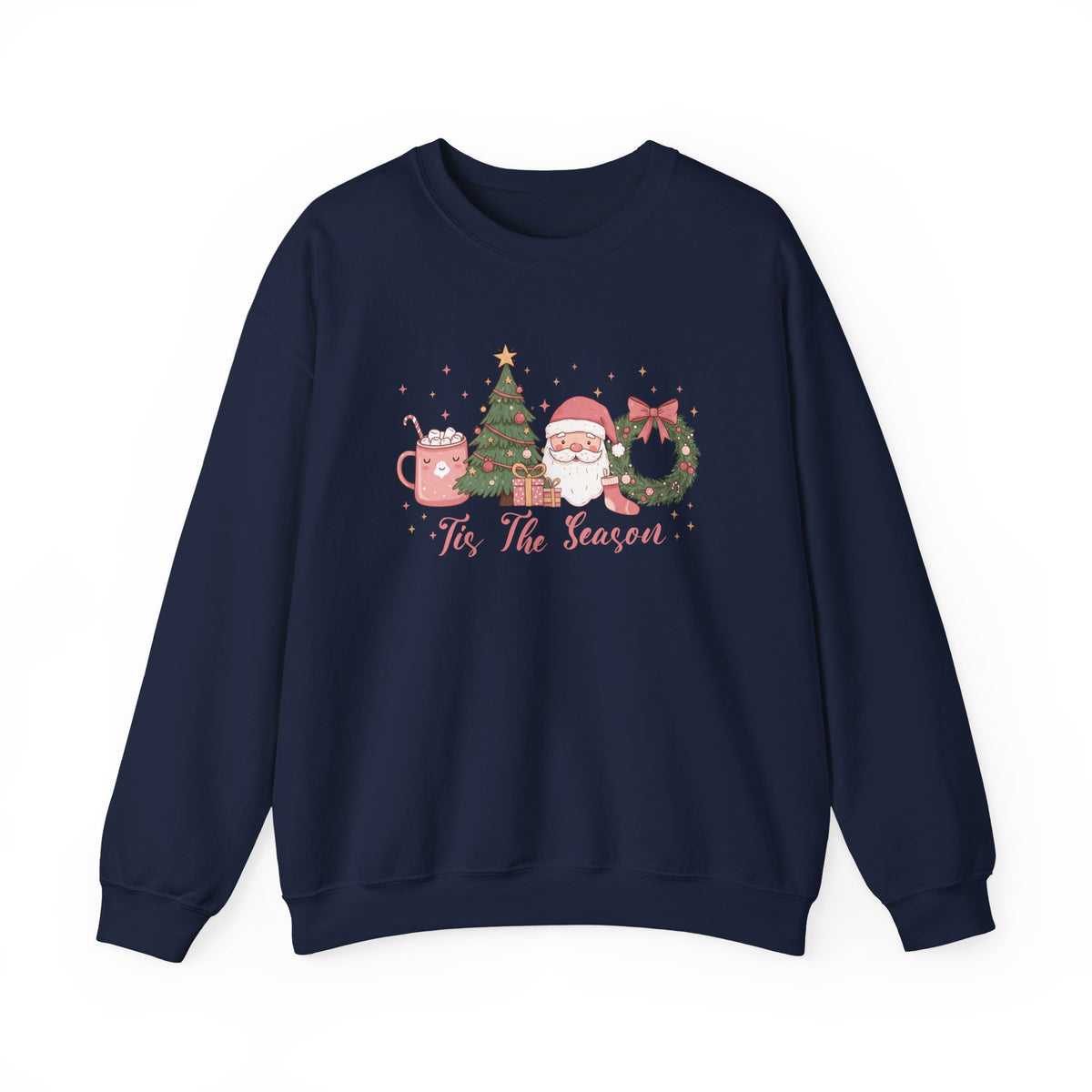 Navy Tis The Season Cute Christmas sweatshirt with a pink hot cocoa mug, Christmas tree, Santa and wreath, front view