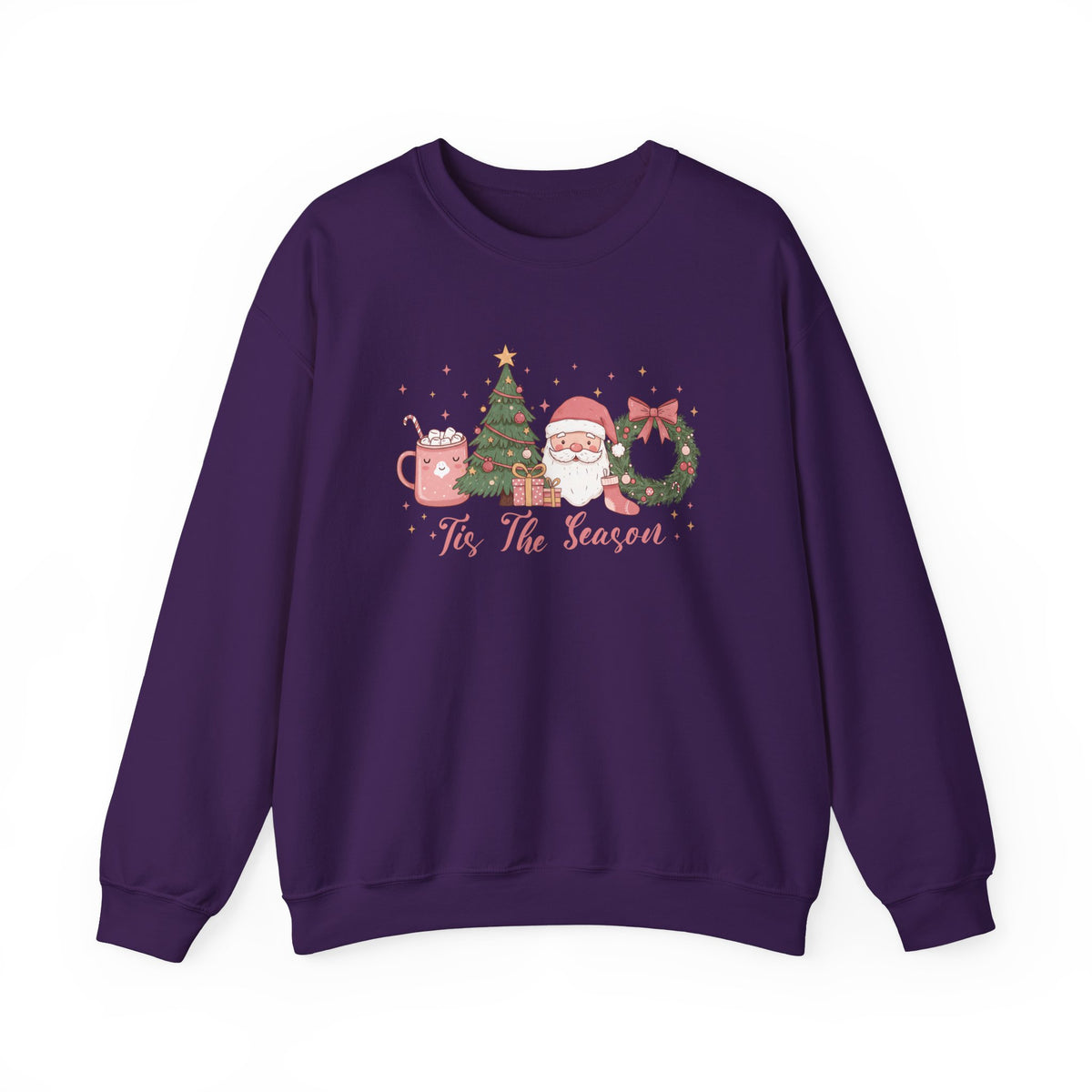 Purple Tis The Season Cute Christmas sweatshirt with a pink hot cocoa mug, Christmas tree, Santa and wreath, front view