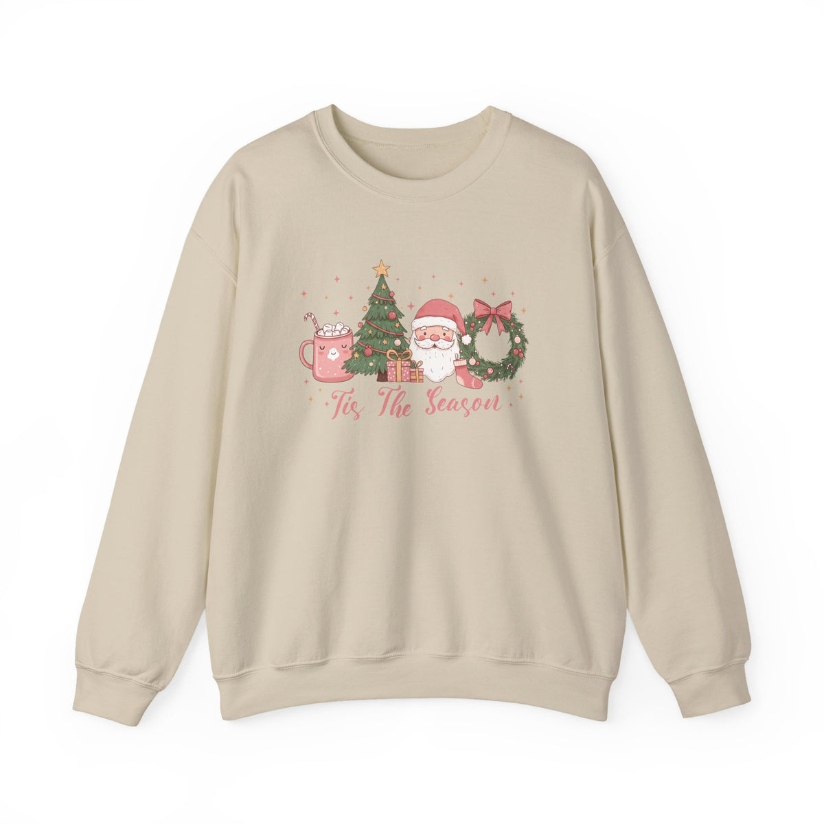 Sand Tis The Season Cute Christmas sweatshirt with a pink hot cocoa mug, Christmas tree, Santa and wreath, front view