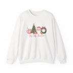 White Tis The Season Cute Christmas sweatshirt with a pink hot cocoa mug, Christmas tree, Santa and wreath, front view