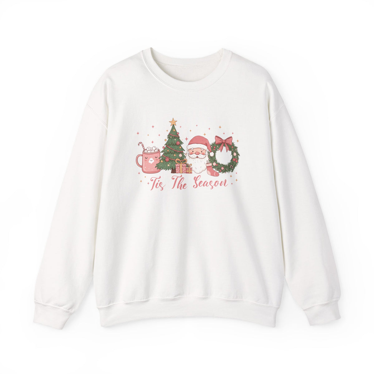White Tis The Season Cute Christmas sweatshirt with a pink hot cocoa mug, Christmas tree, Santa and wreath, front view