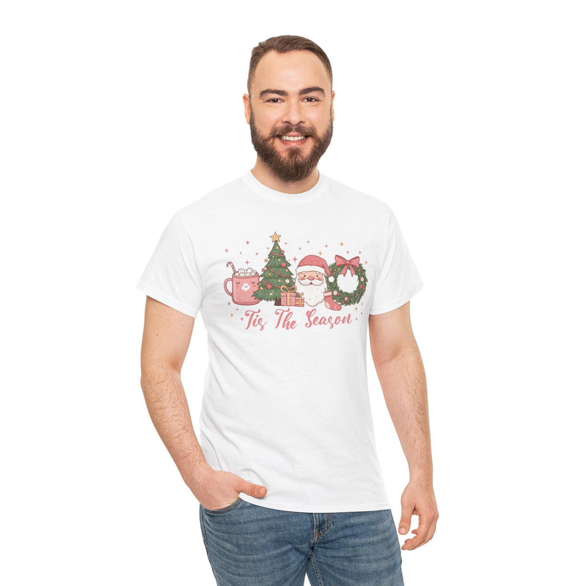 Model wearing the white Tis The Season Cute Christmas T-Shirt