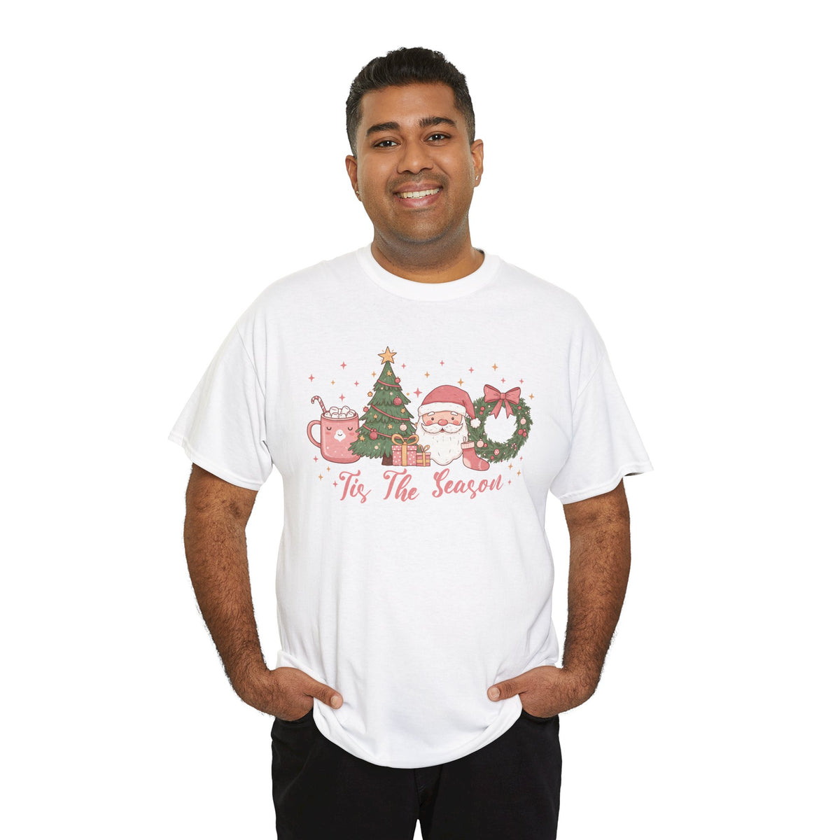 Model wearing the white Tis The Season Cute Christmas T-Shirt