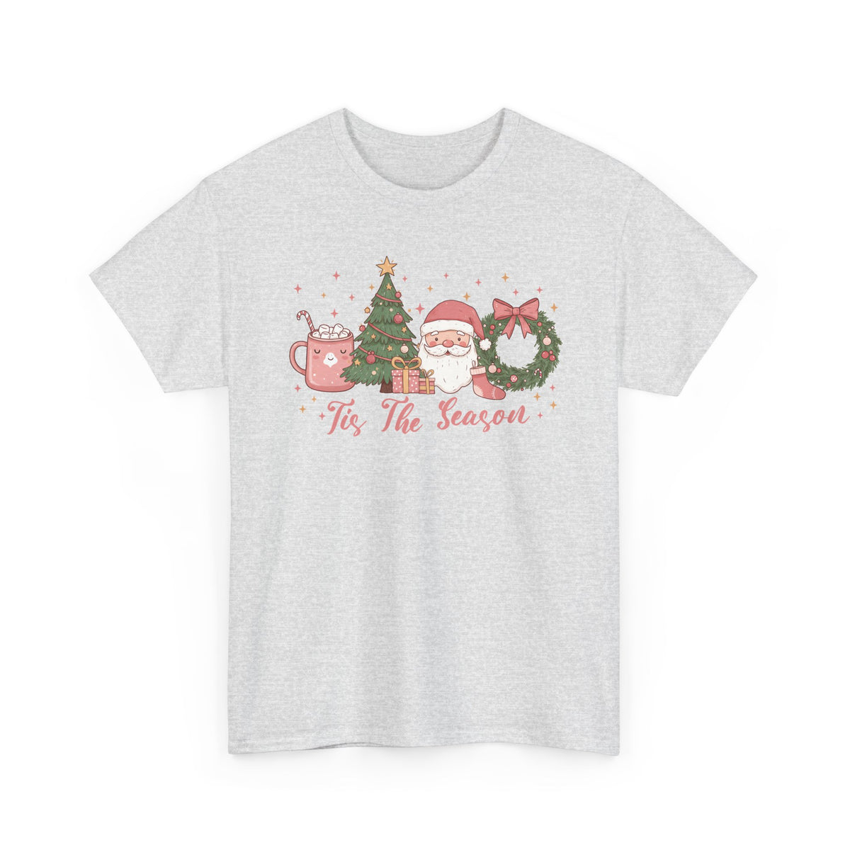 Ash Tis The Season Cute Christmas t-shirt with a pink hot cocoa mug, Christmas tree, Santa and wreath, front view