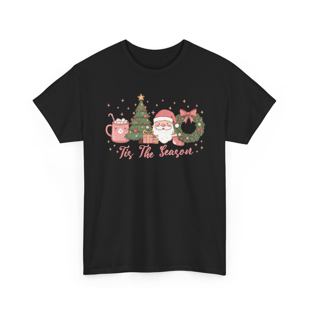 Black Tis The Season Cute Christmas t-shirt with a pink hot cocoa mug, Christmas tree, Santa and wreath, front view