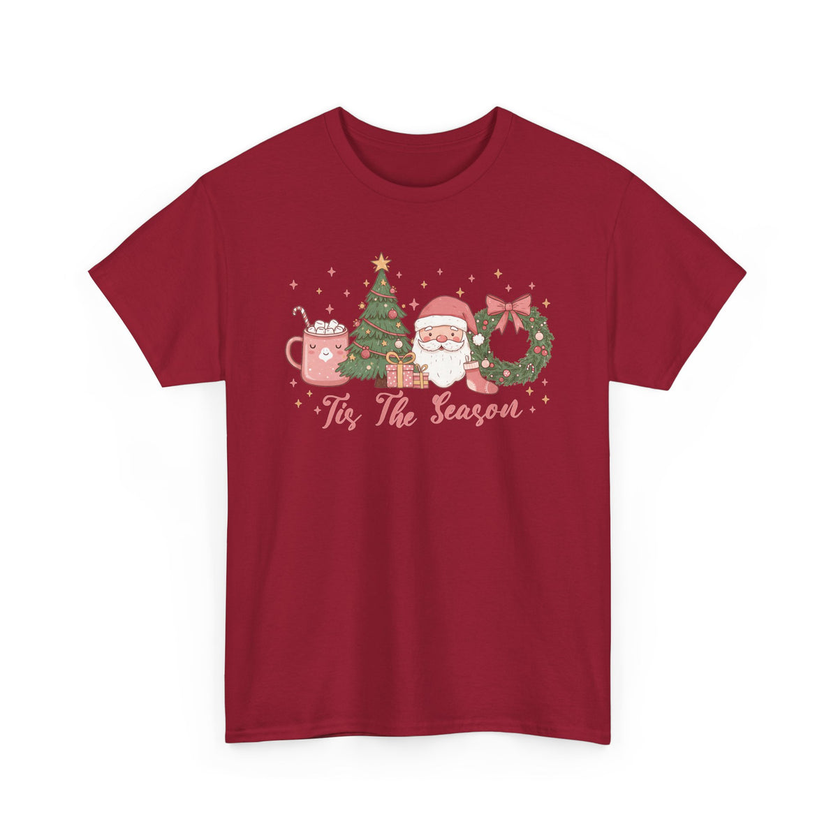 Cardinal Red Tis The Season Cute Christmas t-shirt with a pink hot cocoa mug, Christmas tree, Santa and wreath, front view
