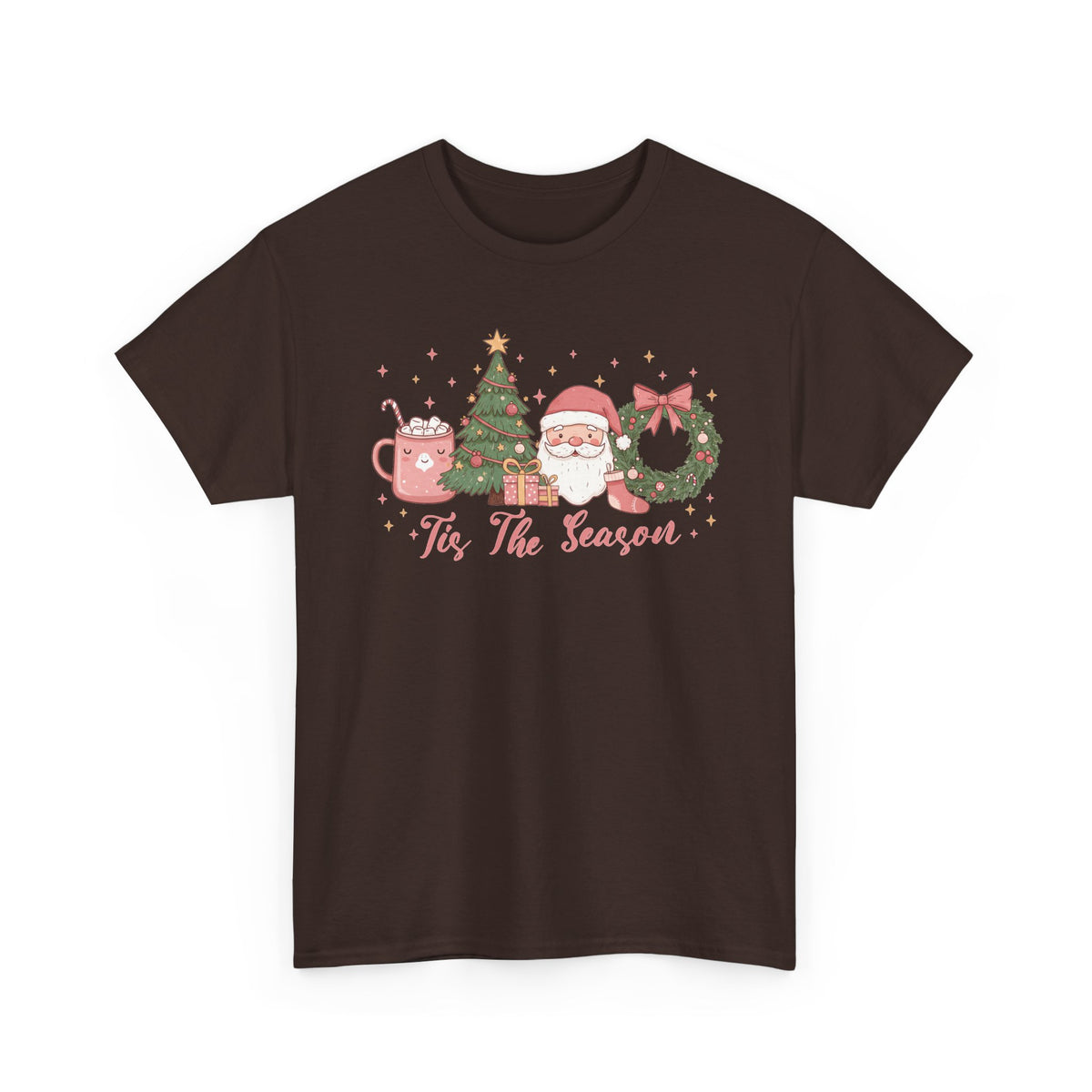 Dark Chocolate Tis The Season Cute Christmas t-shirt with a pink hot cocoa mug, Christmas tree, Santa and wreath, front view