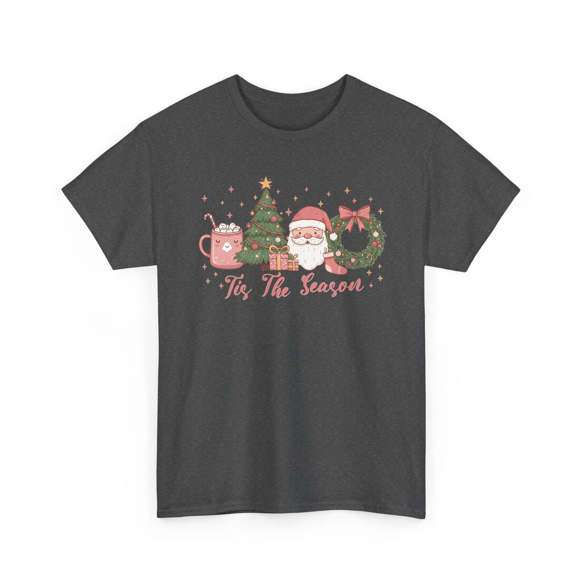 Dark Heather Tis The Season Cute Christmas t-shirt with a pink hot cocoa mug, Christmas tree, Santa and wreath, front view