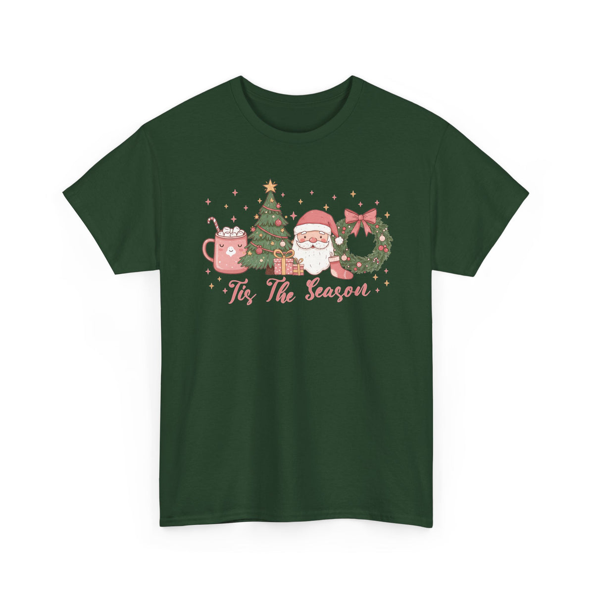 Forest Green Tis The Season Cute Christmas t-shirt with a pink hot cocoa mug, Christmas tree, Santa and wreath, front view