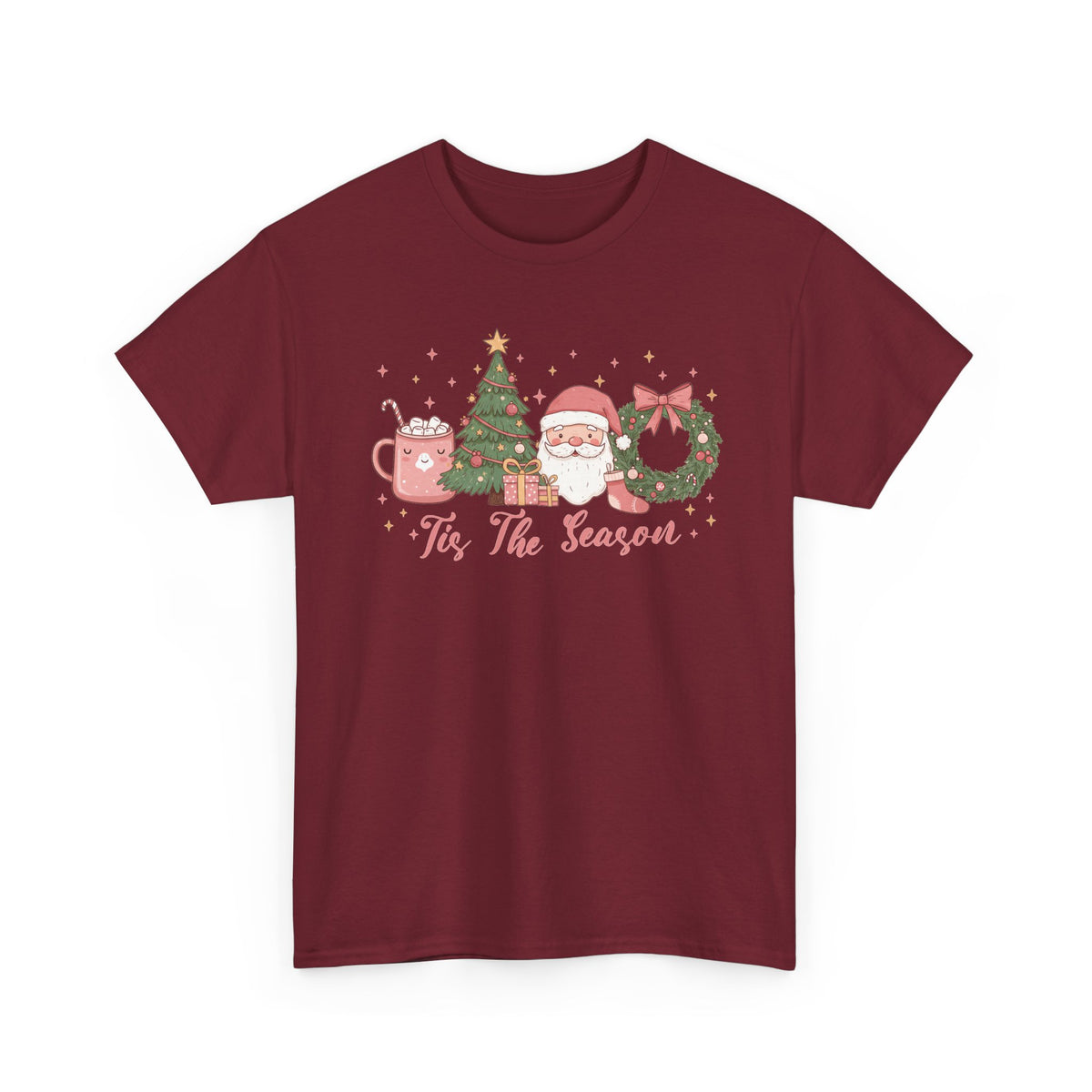 Garnet Tis The Season Cute Christmas t-shirt with a pink hot cocoa mug, Christmas tree, Santa and wreath, front view