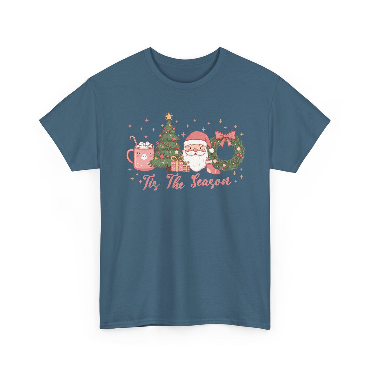 Indigo Blue Tis The Season Cute Christmas t-shirt with a pink hot cocoa mug, Christmas tree, Santa and wreath, front view