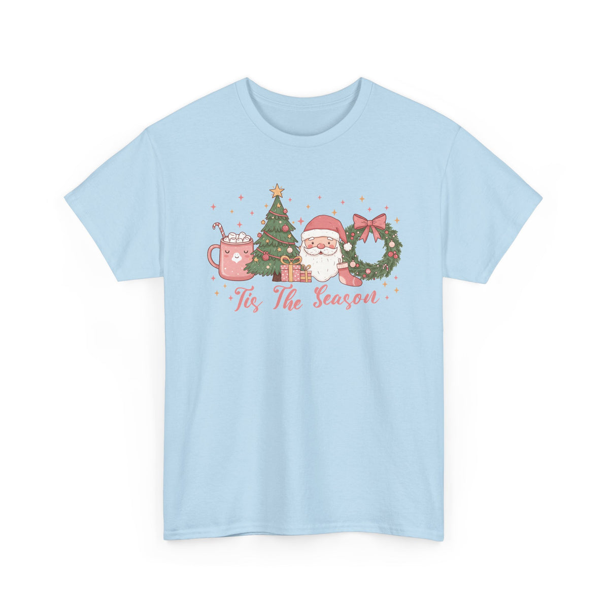 Light Blue Tis The Season Cute Christmas t-shirt with a pink hot cocoa mug, Christmas tree, Santa and wreath, front view