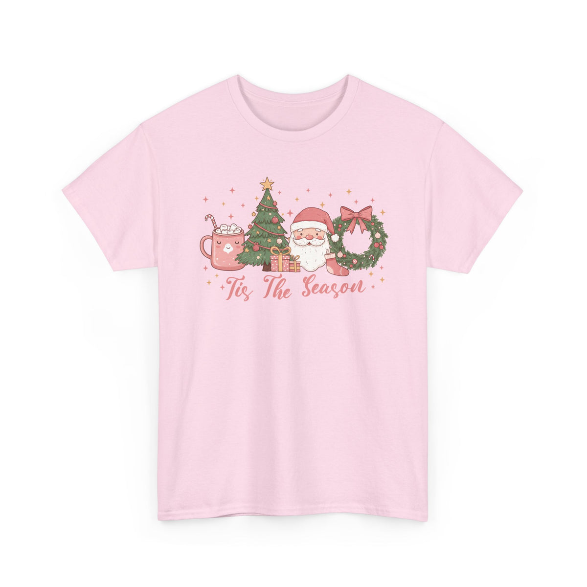 Light Pink Tis The Season Cute Christmas t-shirt with a pink hot cocoa mug, Christmas tree, Santa and wreath, front view