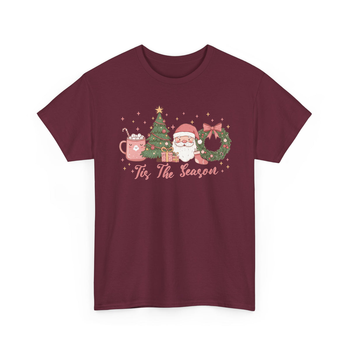Maroon Tis The Season Cute Christmas t-shirt with a pink hot cocoa mug, Christmas tree, Santa and wreath, front view