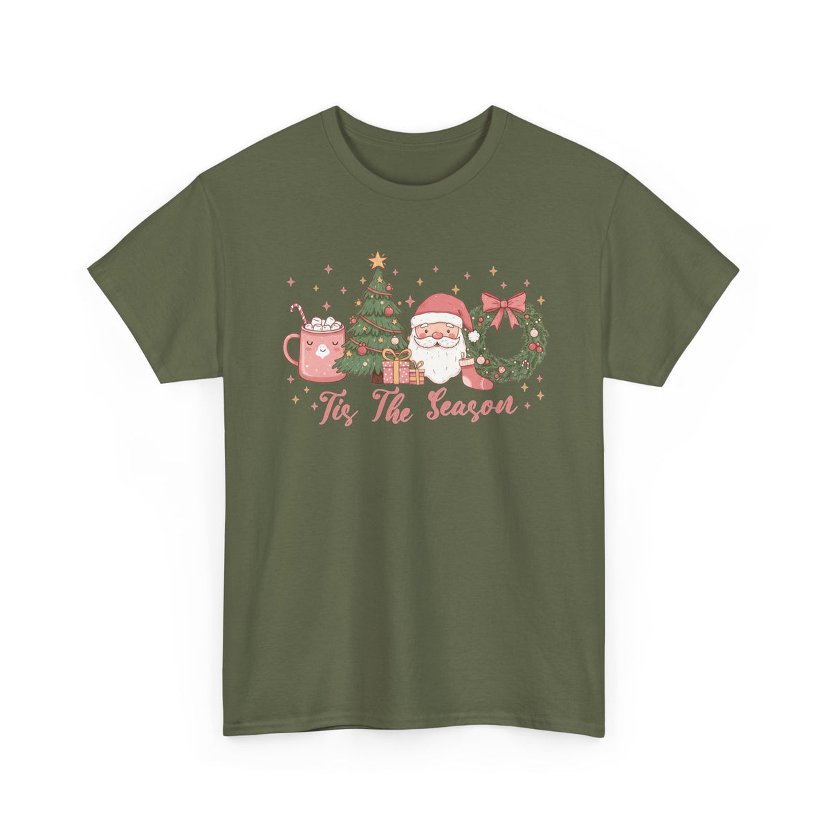 Military Green Tis The Season Cute Christmas t-shirt with a pink hot cocoa mug, Christmas tree, Santa and wreath, front view