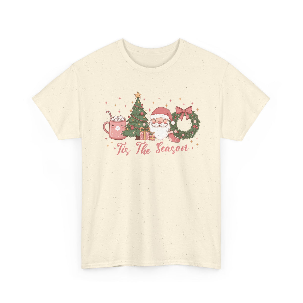 Natural Tis The Season Cute Christmas t-shirt with a pink hot cocoa mug, Christmas tree, Santa and wreath, front view
