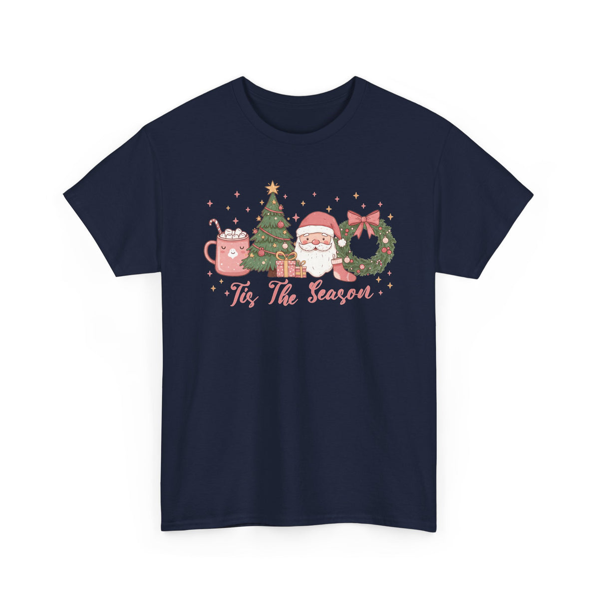 Navy Tis The Season Cute Christmas t-shirt with a pink hot cocoa mug, Christmas tree, Santa and wreath, front view