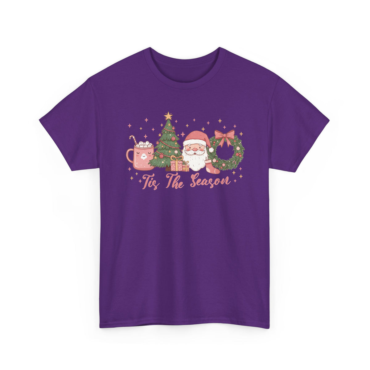 Purple Tis The Season Cute Christmas t-shirt with a pink hot cocoa mug, Christmas tree, Santa and wreath, front view