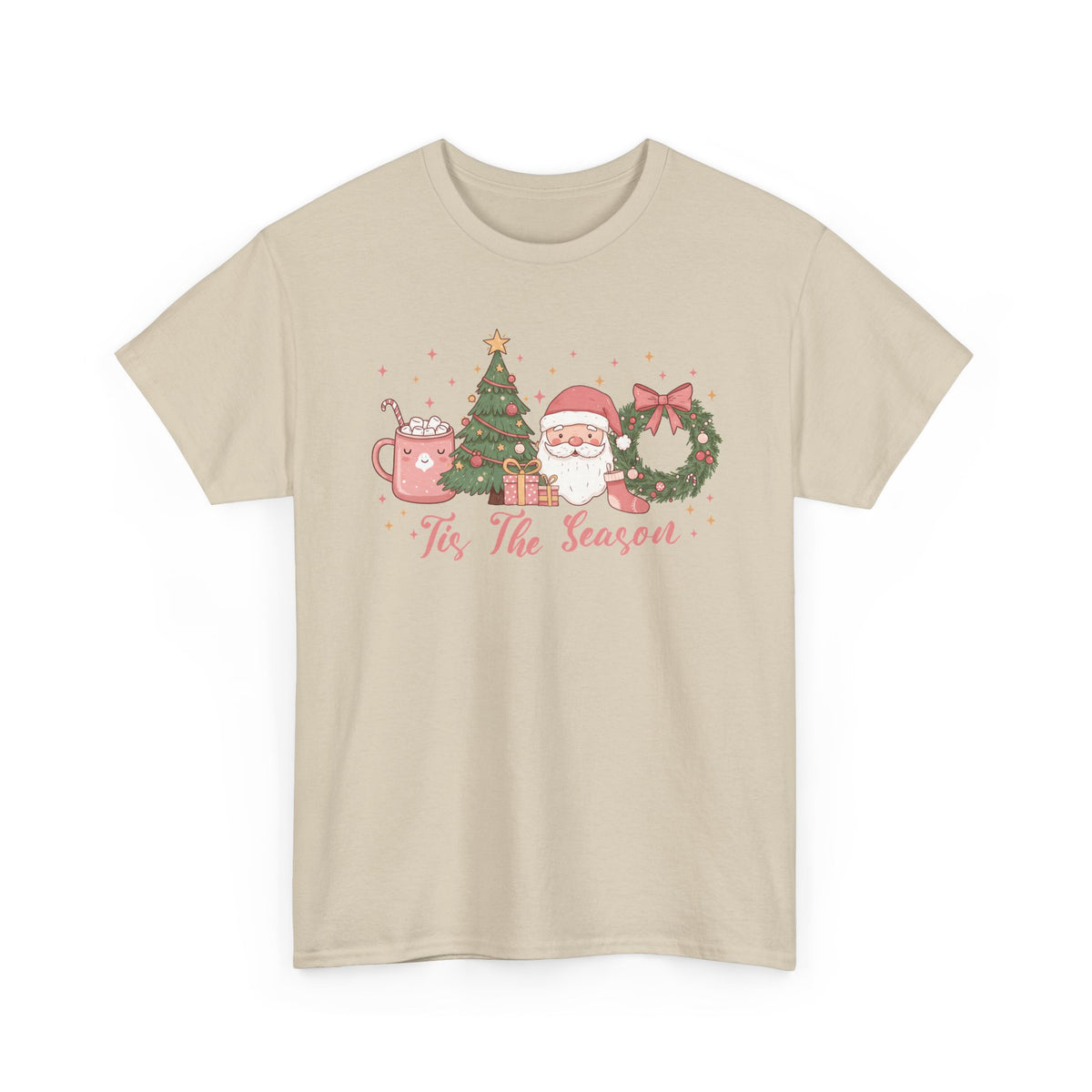 Sand Tis The Season Cute Christmas t-shirt with a pink hot cocoa mug, Christmas tree, Santa and wreath, front view