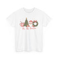 White Tis The Season Cute Christmas t-shirt with a pink hot cocoa mug, Christmas tree, Santa and wreath, front view