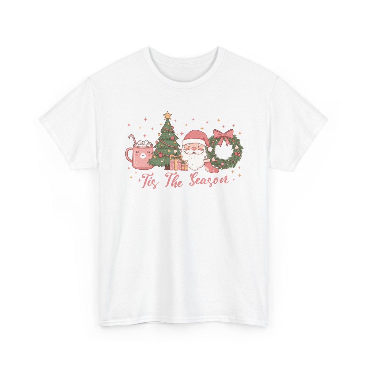 White Tis The Season Cute Christmas t-shirt with a pink hot cocoa mug, Christmas tree, Santa and wreath, front view