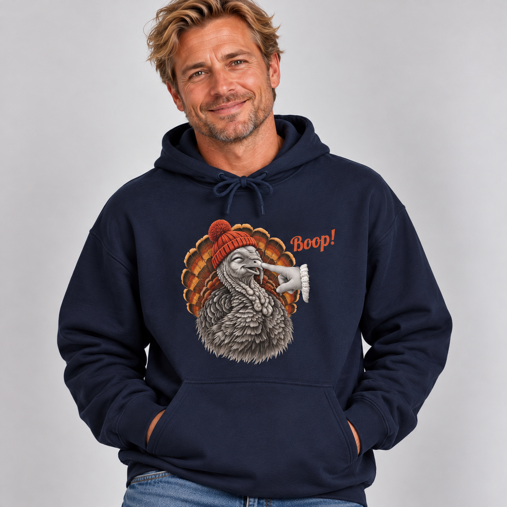 Man wearing the Navy Turkey Boop Thanksgiving Hoodie with jeans